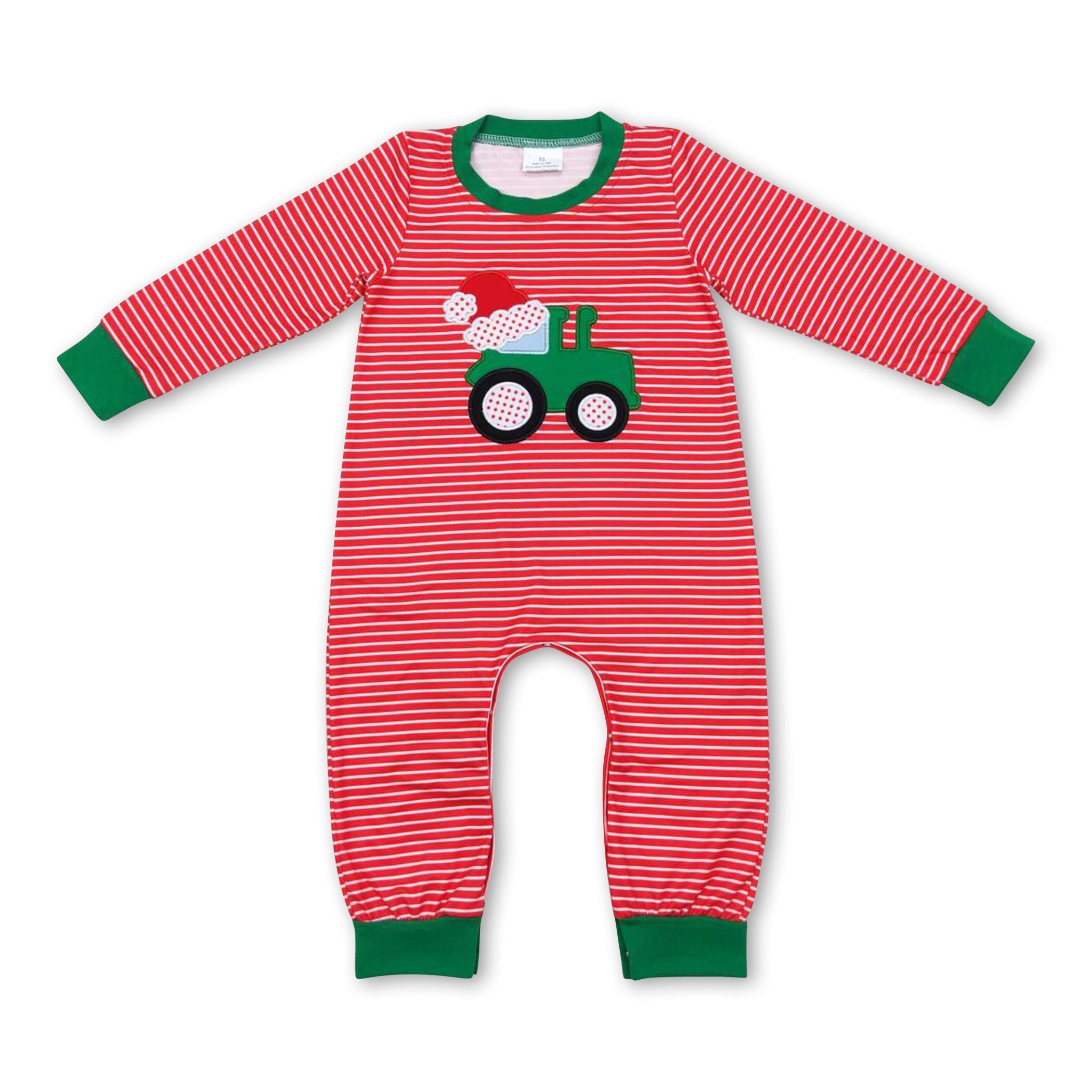 Red santa truck stripe baby boy Christmas romper