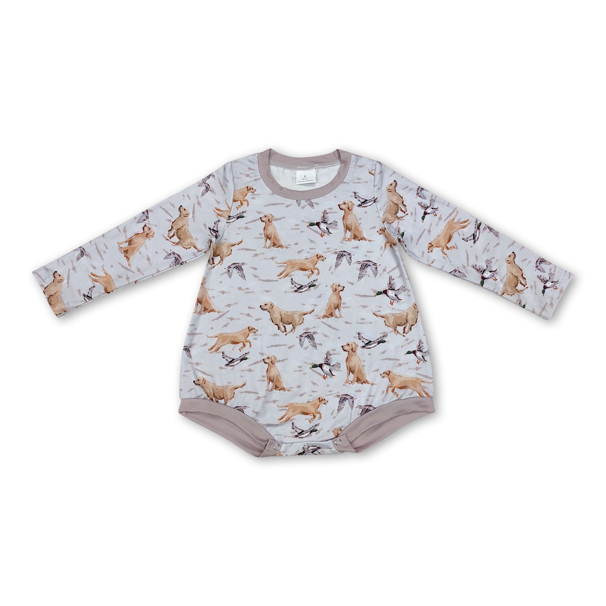 Long sleeves grey dog duck fish baby boy hunting romper