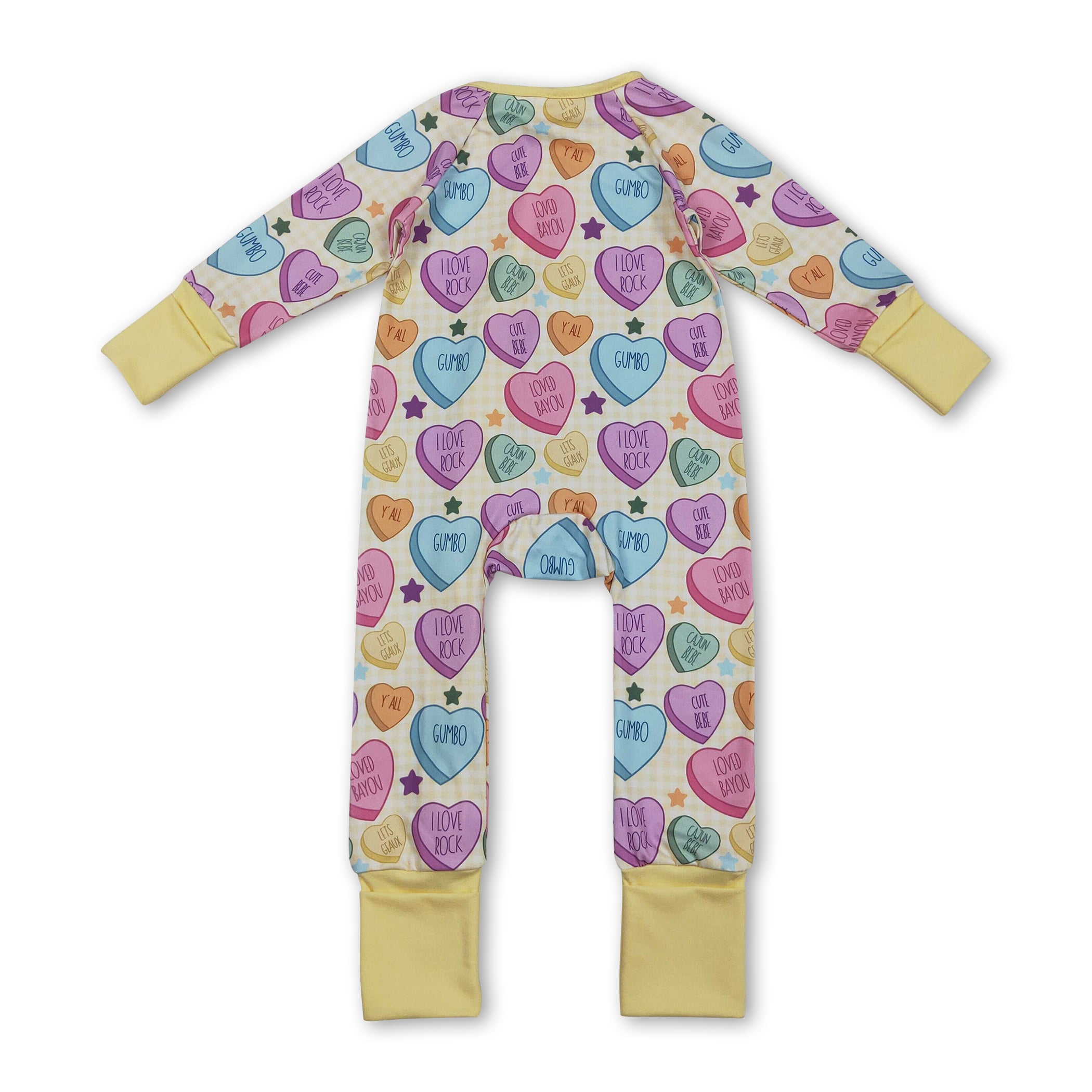 Long sleeves yellow plaid heart baby girls valentine's romper