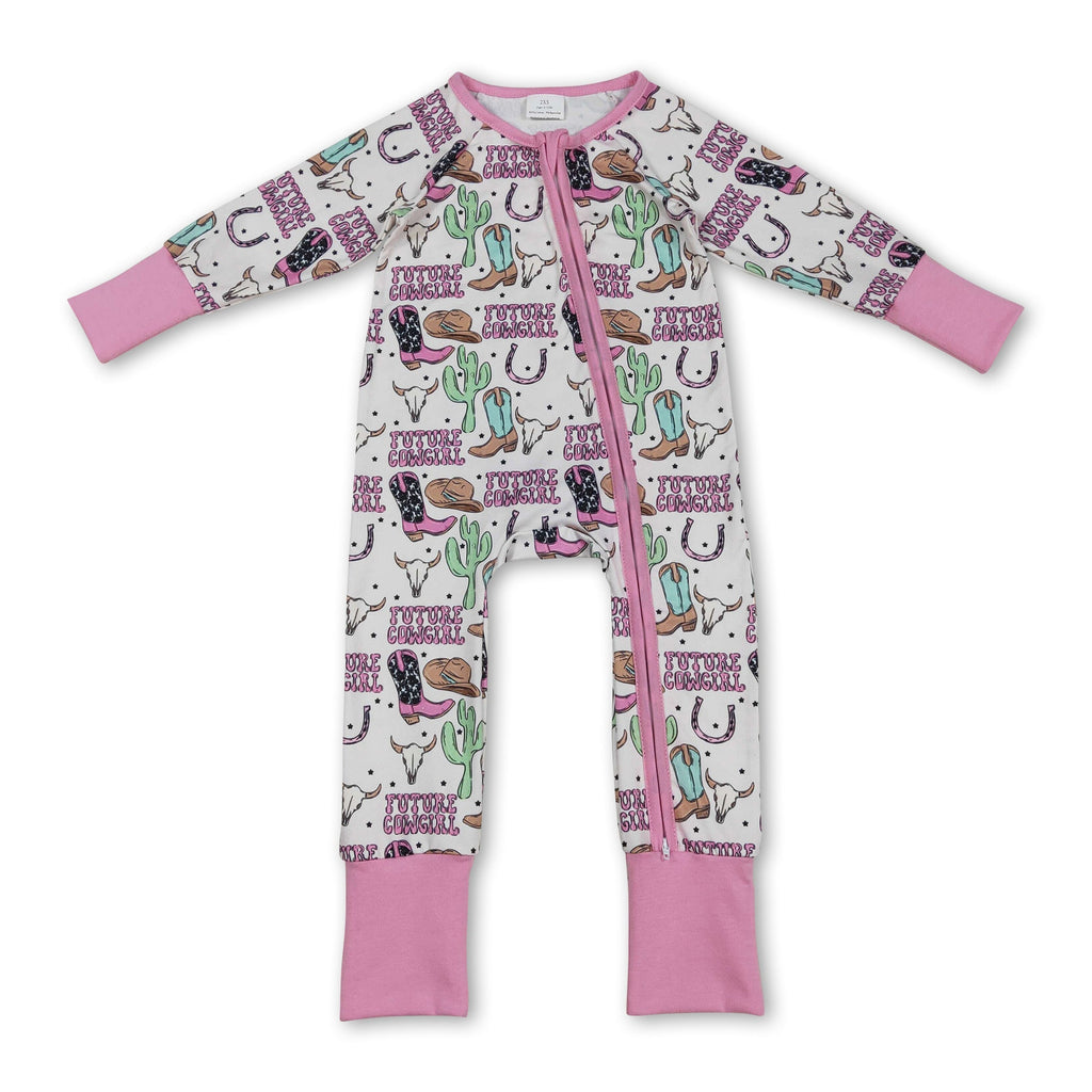 Long sleeves boots bull skull western baby girl zipper romper