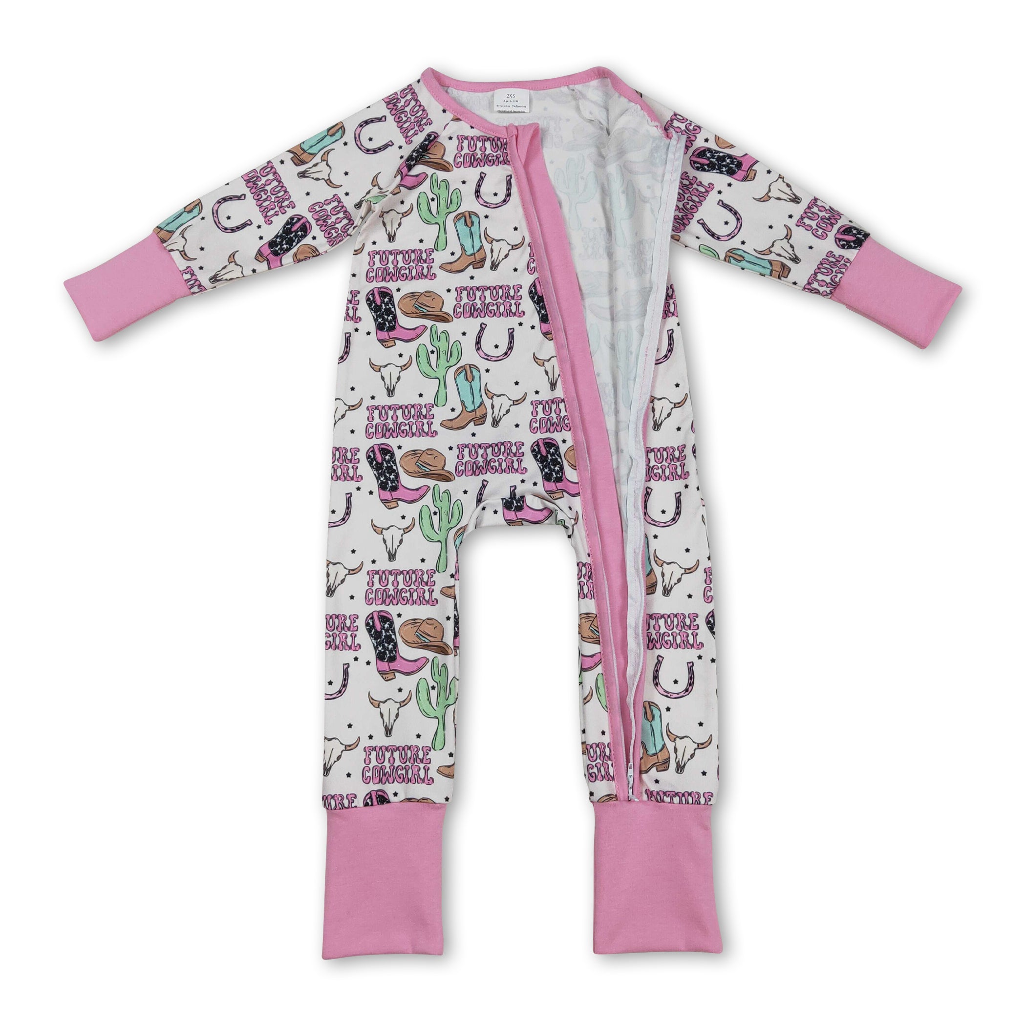 Long sleeves boots bull skull western baby girl zipper romper