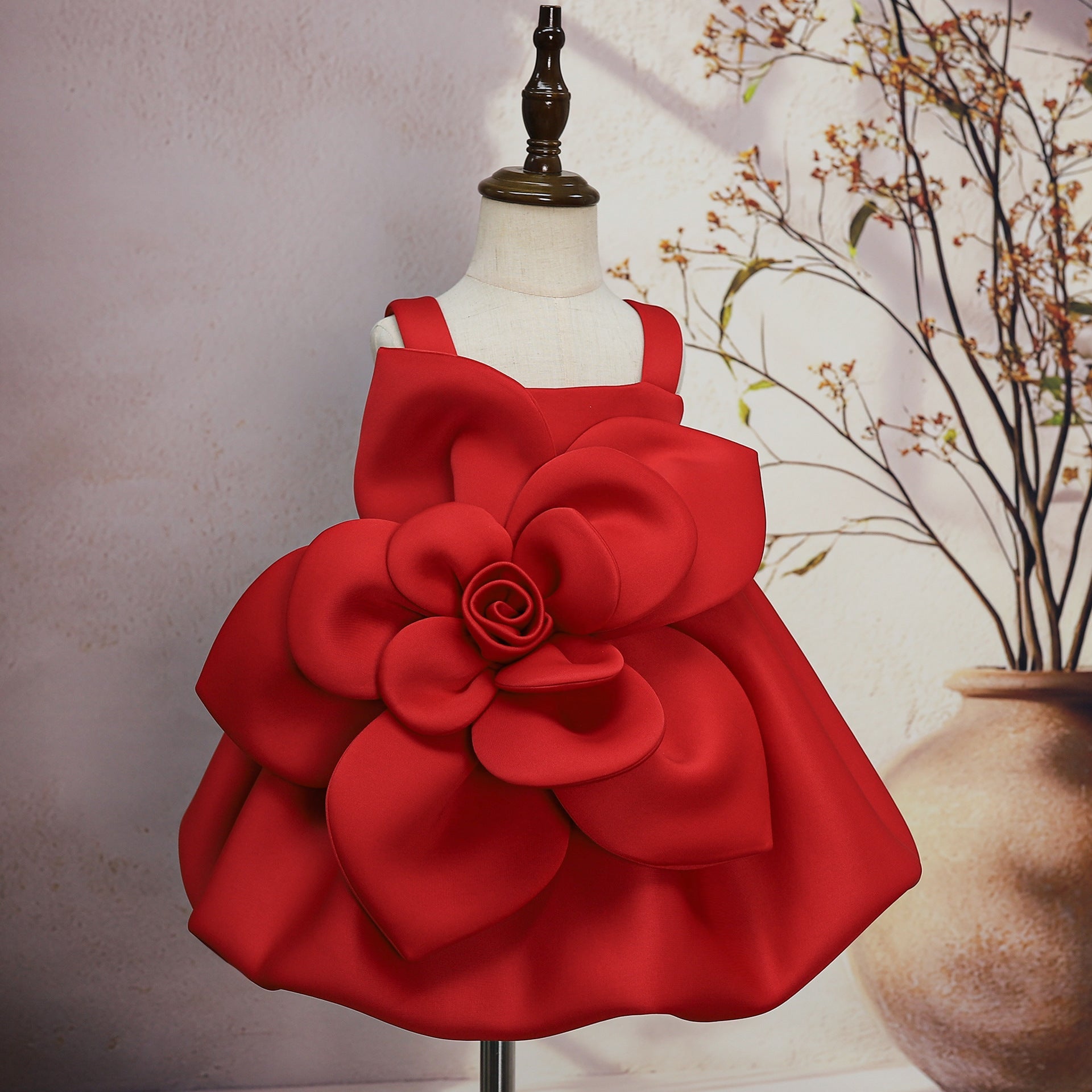Girls' Oblique Shoulder Flower Mesh Bubble Skirt