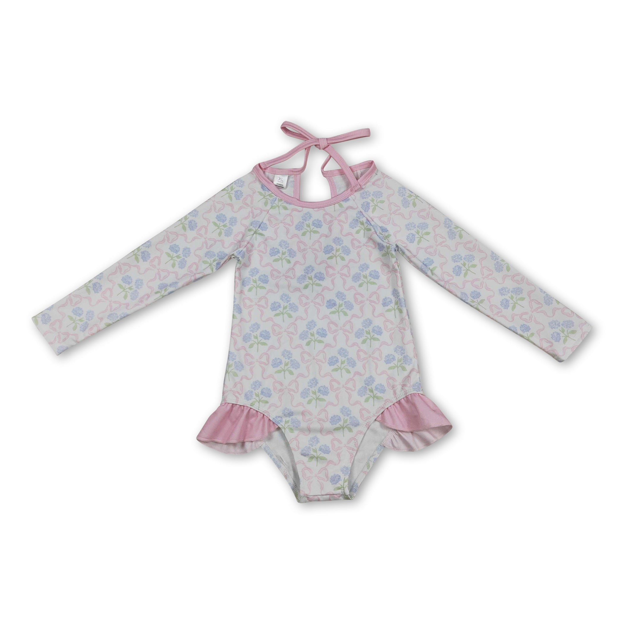 Long sleeves bow floral baby girls one piece swimsuit