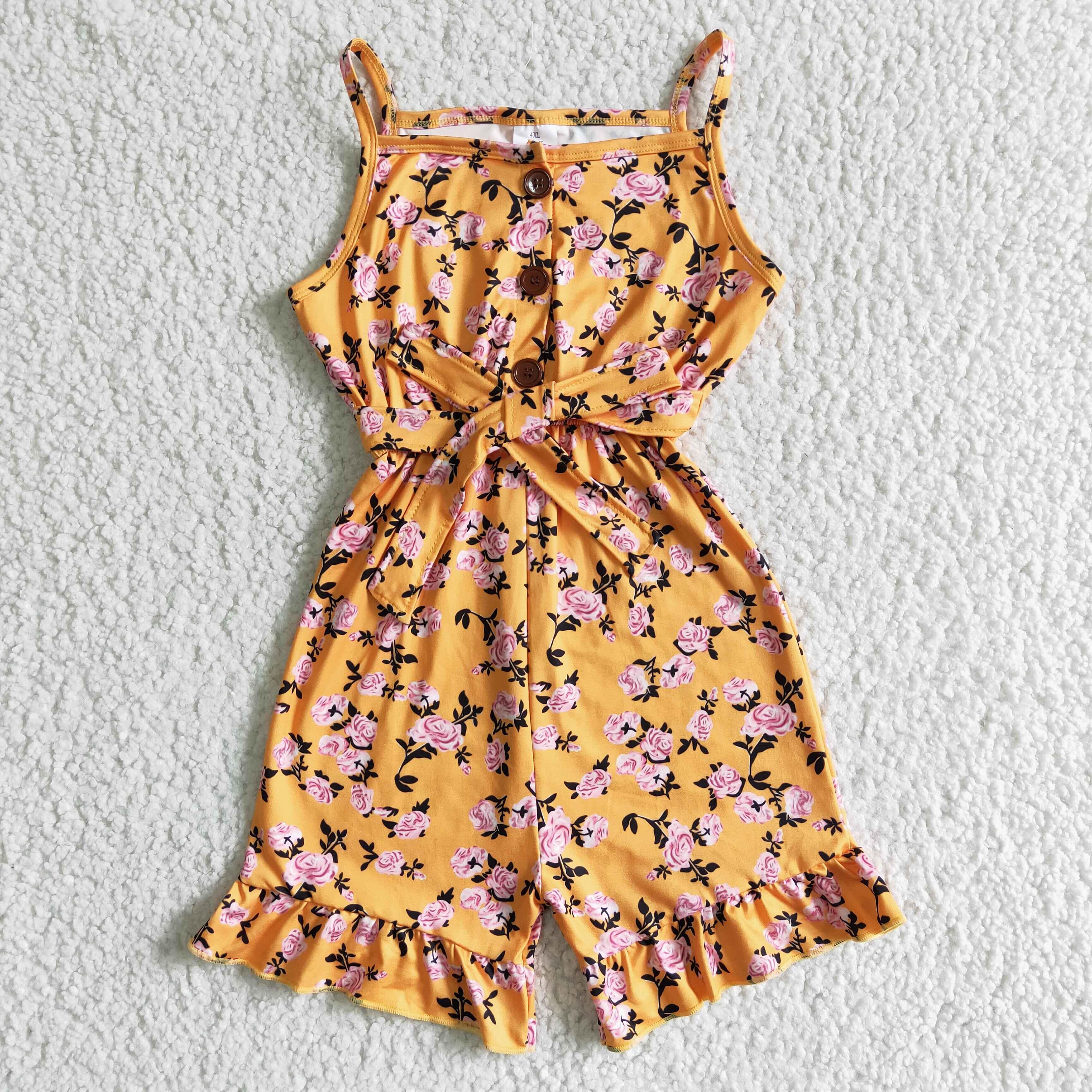 Mustard floral sleeveless baby girls summer jumpsuit