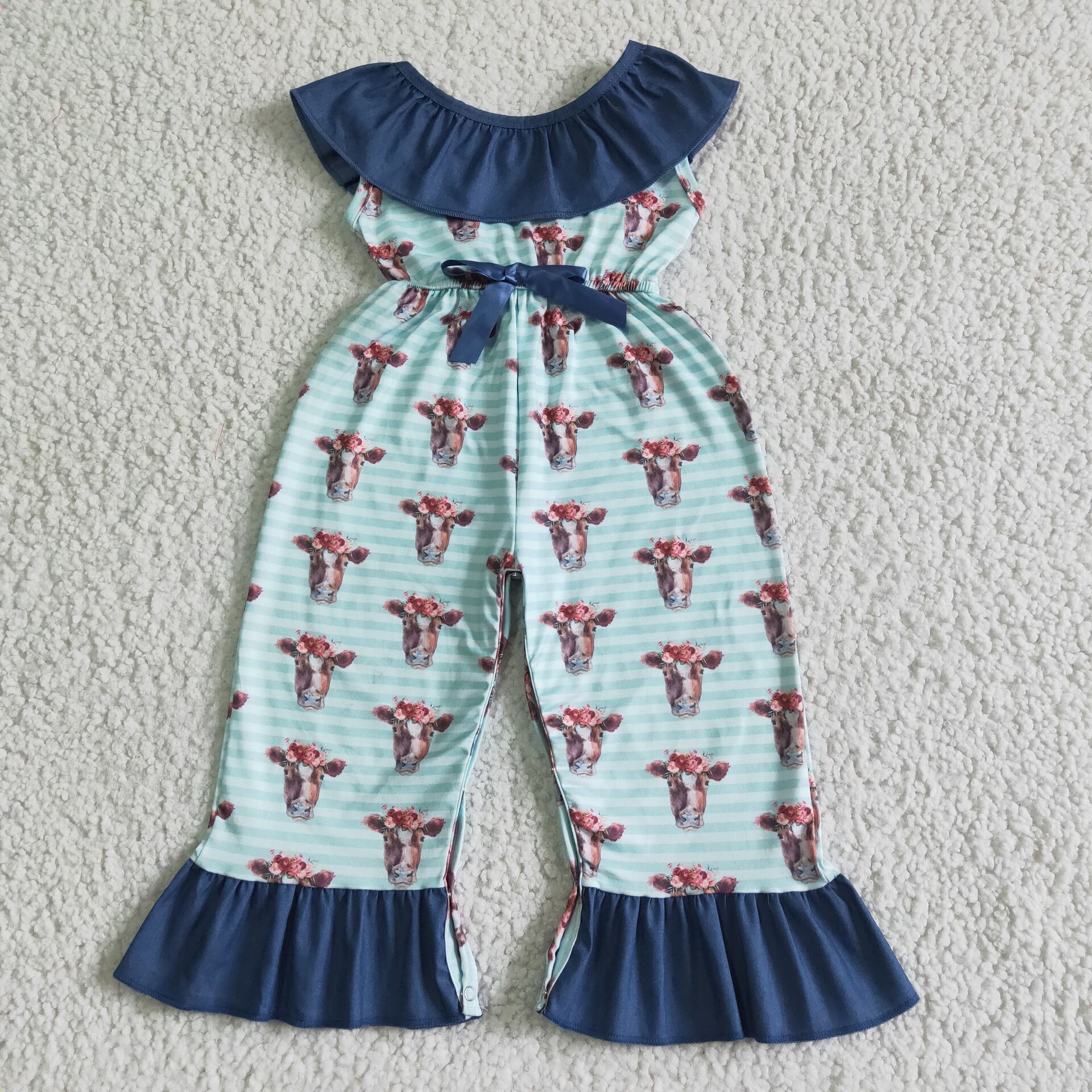 Ruffle collar backless cow print jumpsuit baby girls jumper