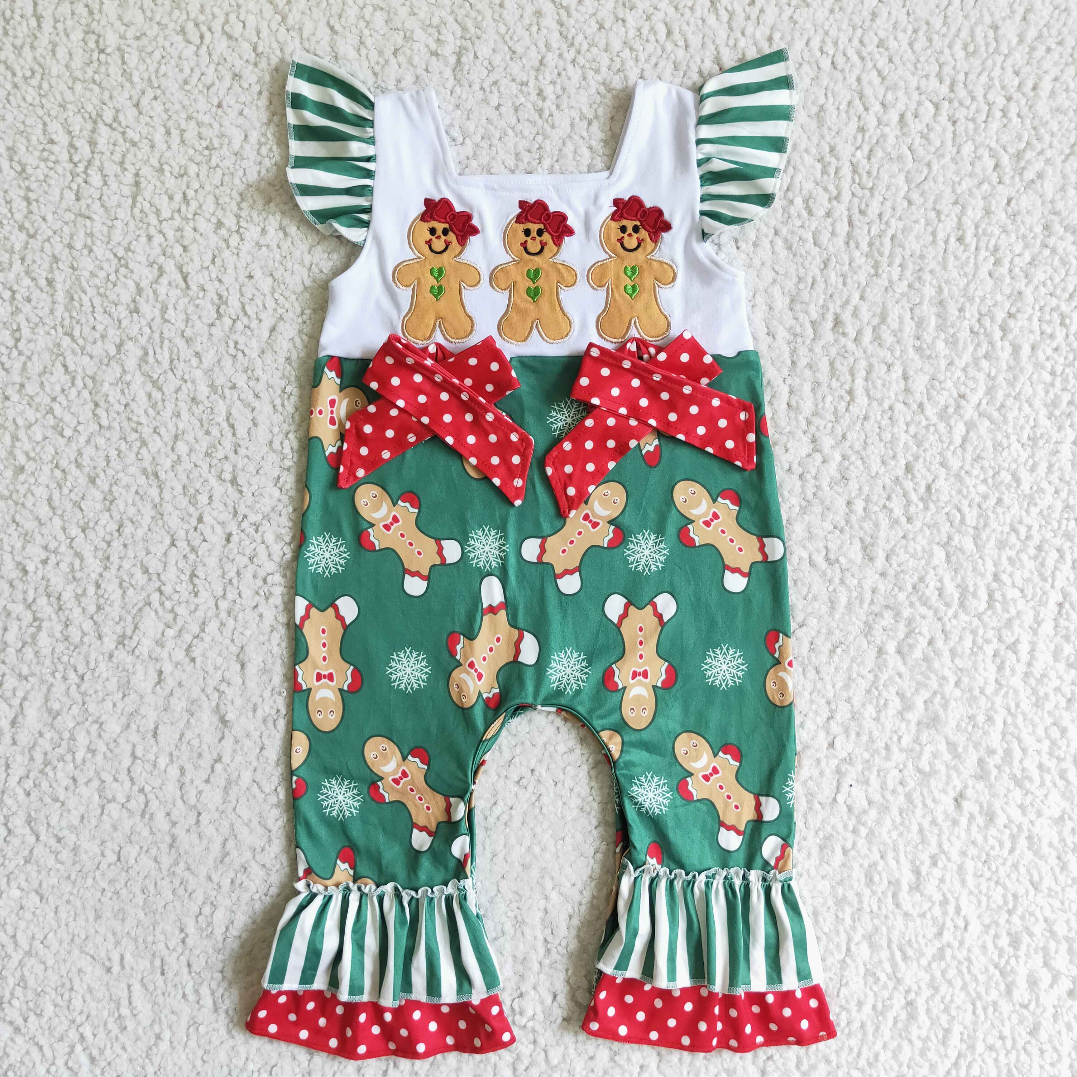 Flutter sleeve gingerbread embroidery baby girls Christmas romper