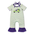 Short sleeves stripe truck ruffle baby girls mardi gras romper