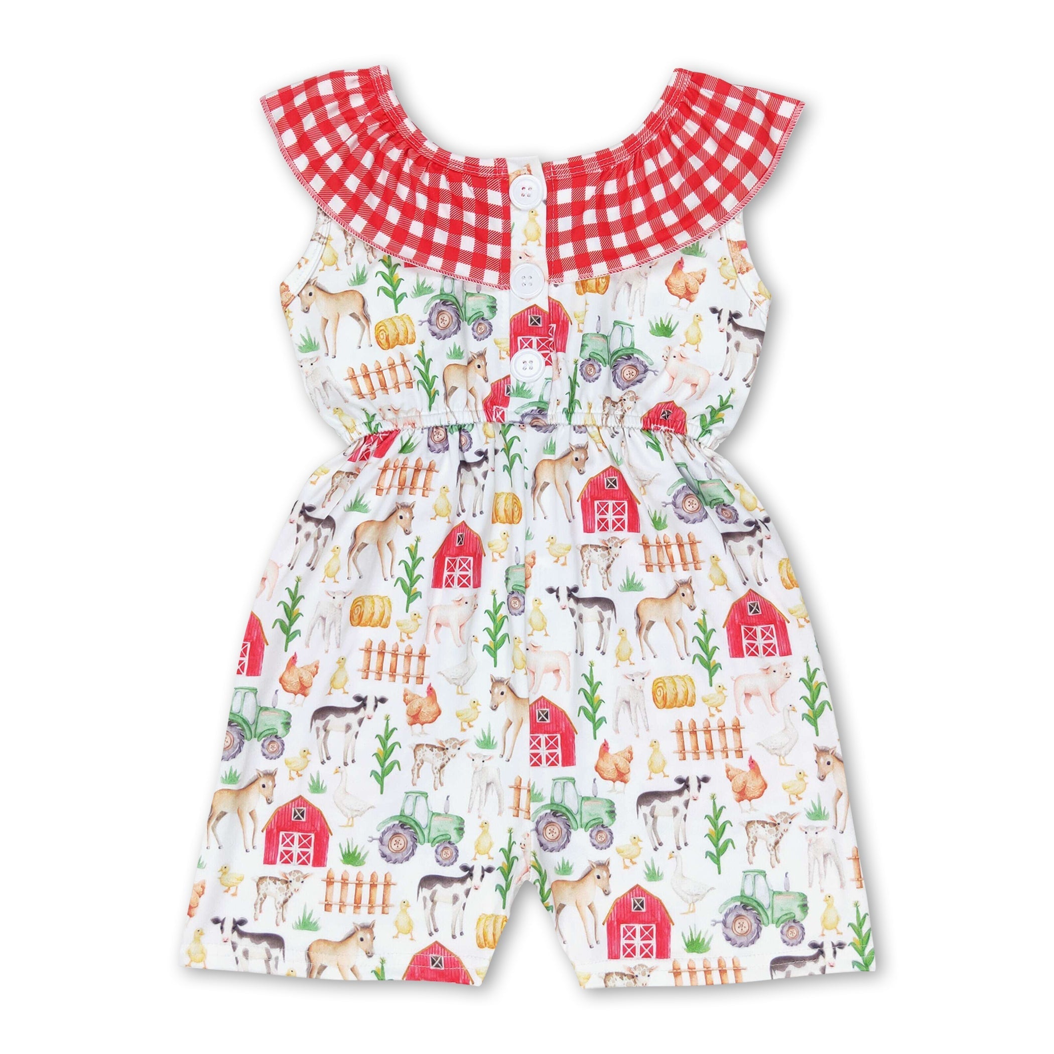 Plaid pig horse chicken pockets baby girls farm jumpsuit