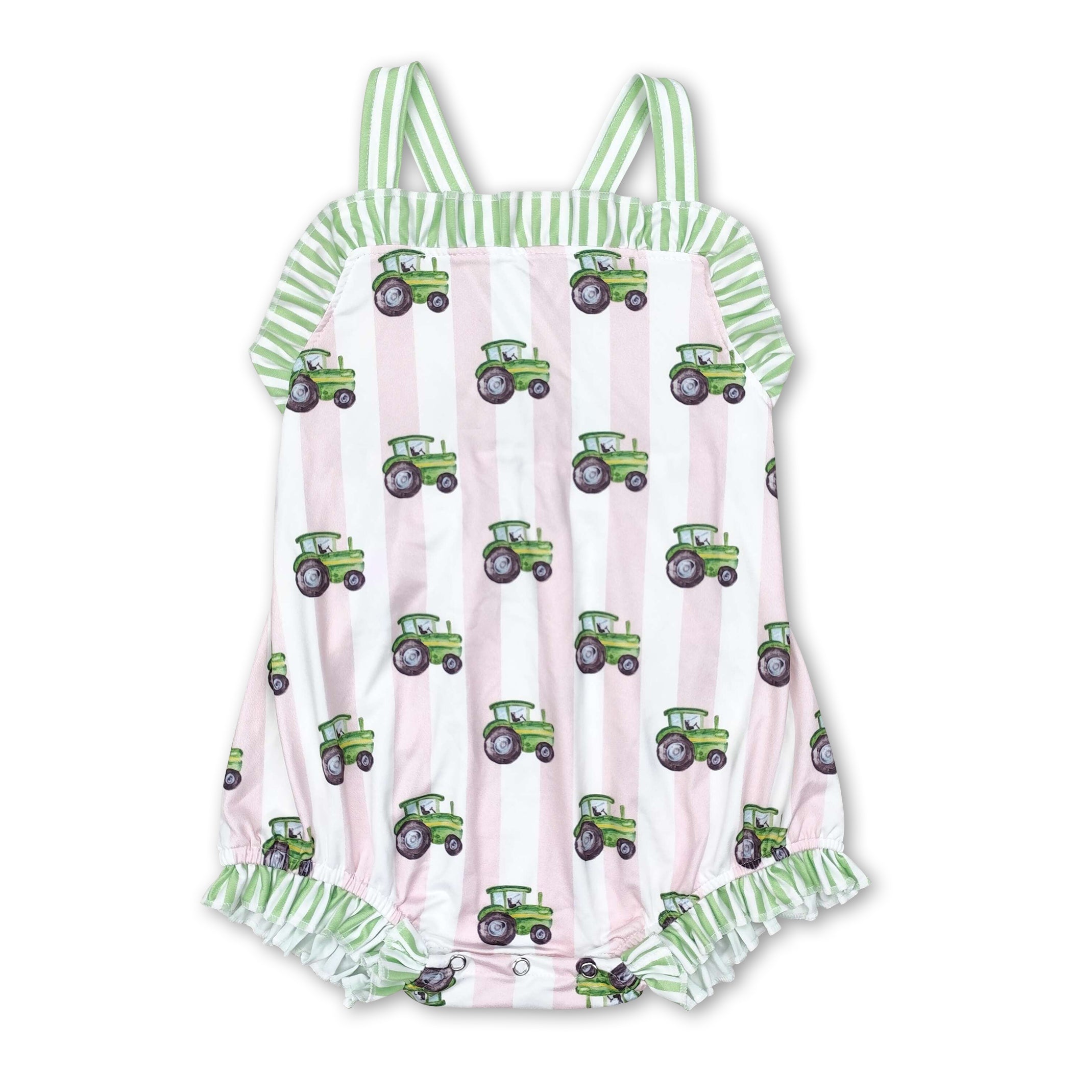 Pink stripe tractor baby girls farm romper