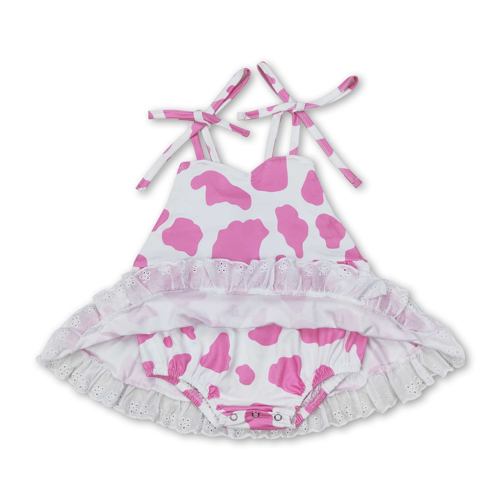Pink cow straps baby girls summer romper