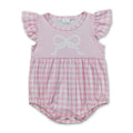 Pink flutter sleeves plaid bow baby girls romper