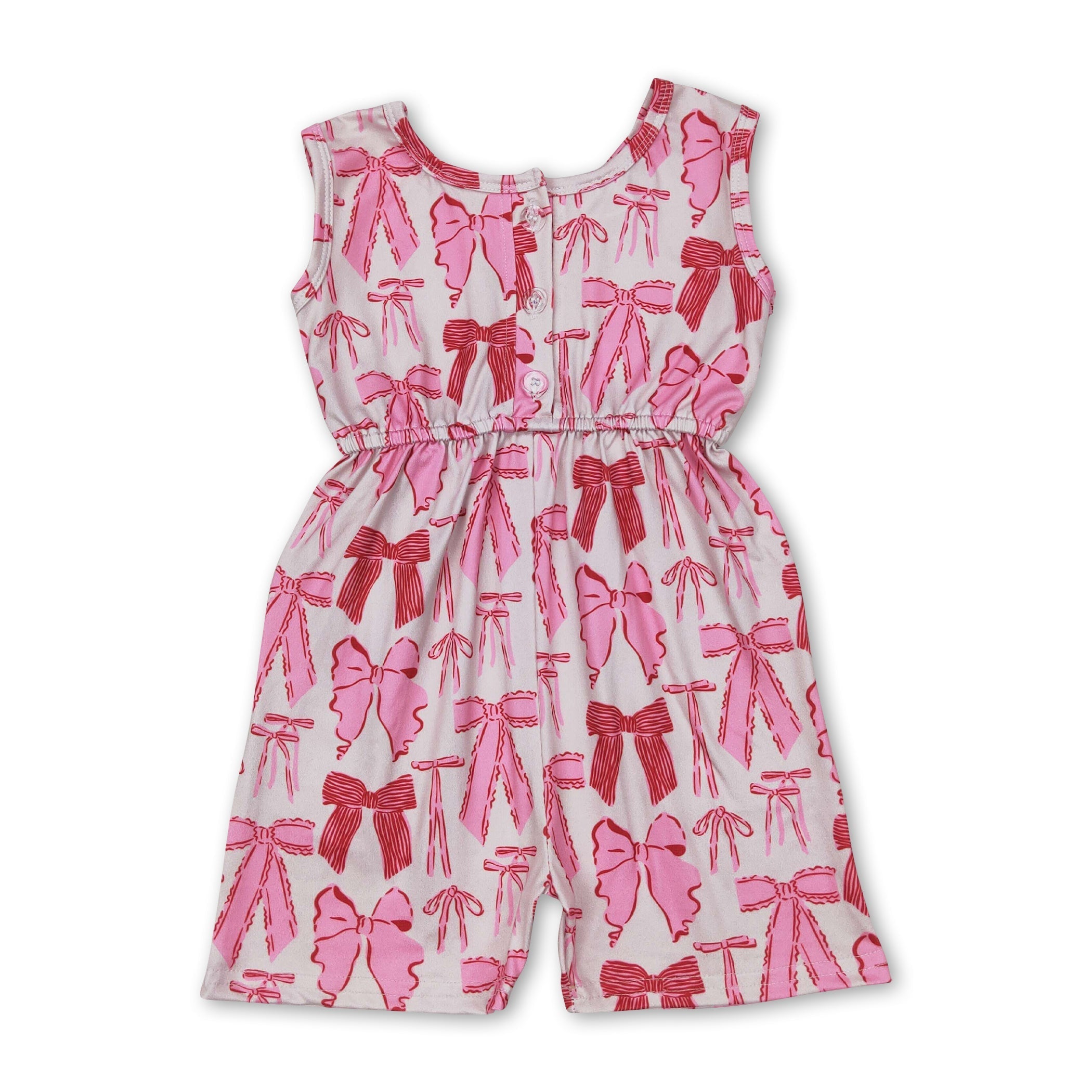 Pink short sleeves bow pocket girls summer jumpsuit