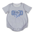 Short sleeves light blue floral bow God is good baby romper