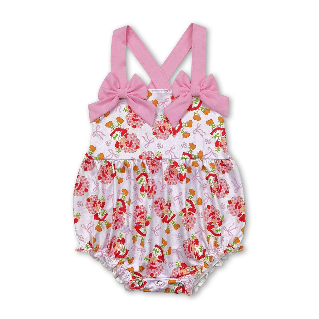 Pink straps strawberry bow baby girls summer romper