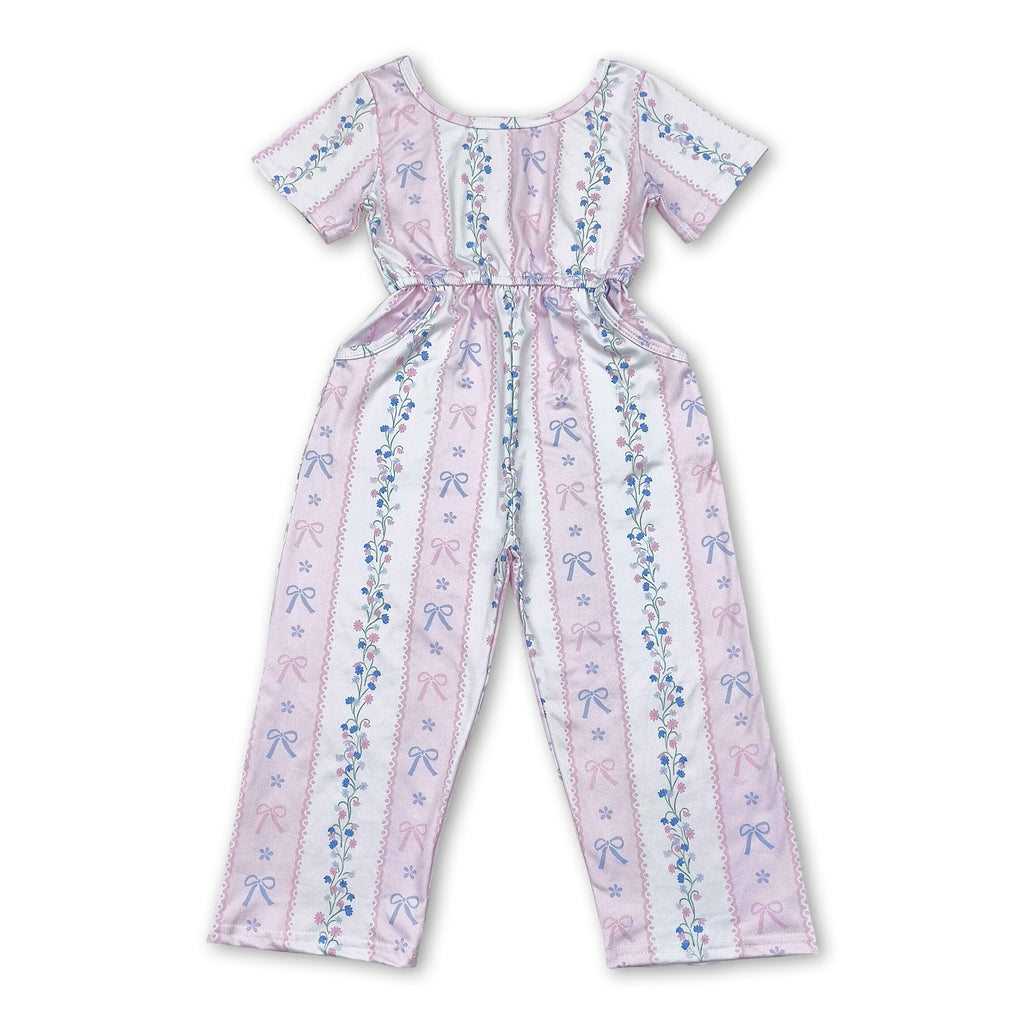 Short sleeves pink bow floral pockets girls jumpsuit