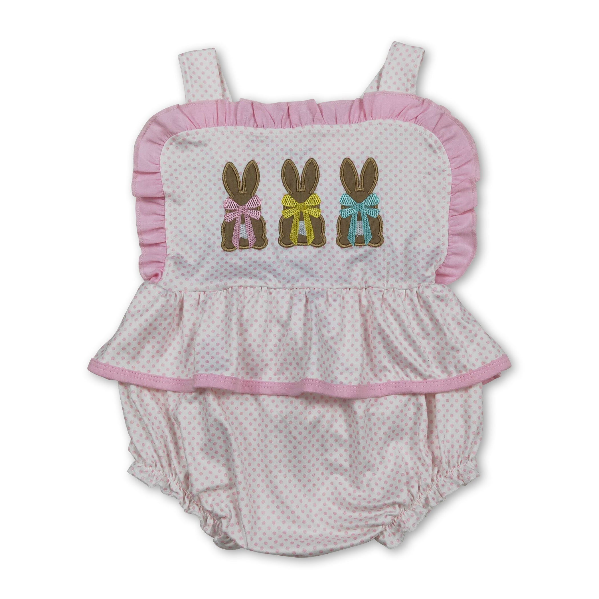 Polka dots bunny bow baby girls embroidery Easter romper