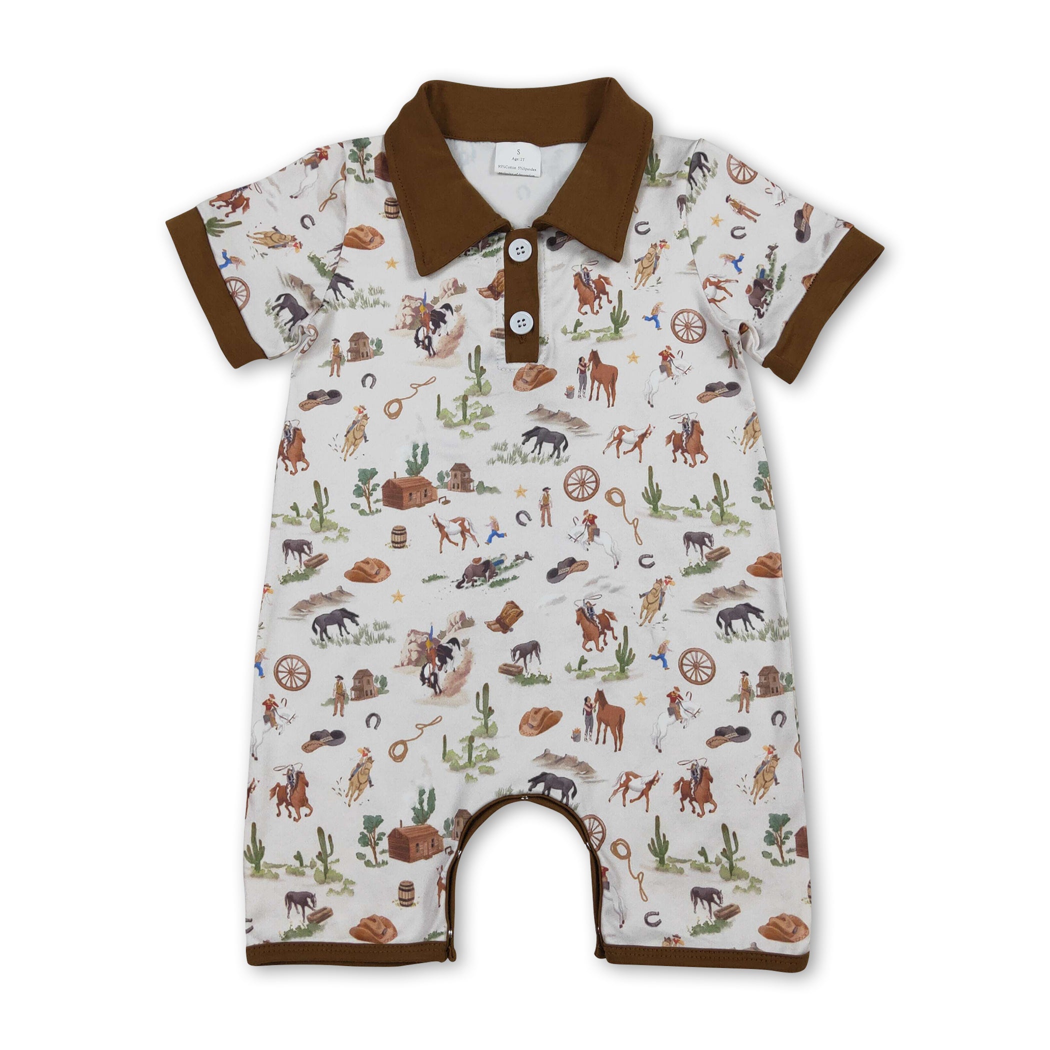Short sleeves brown cactus rodeo western baby boy romper