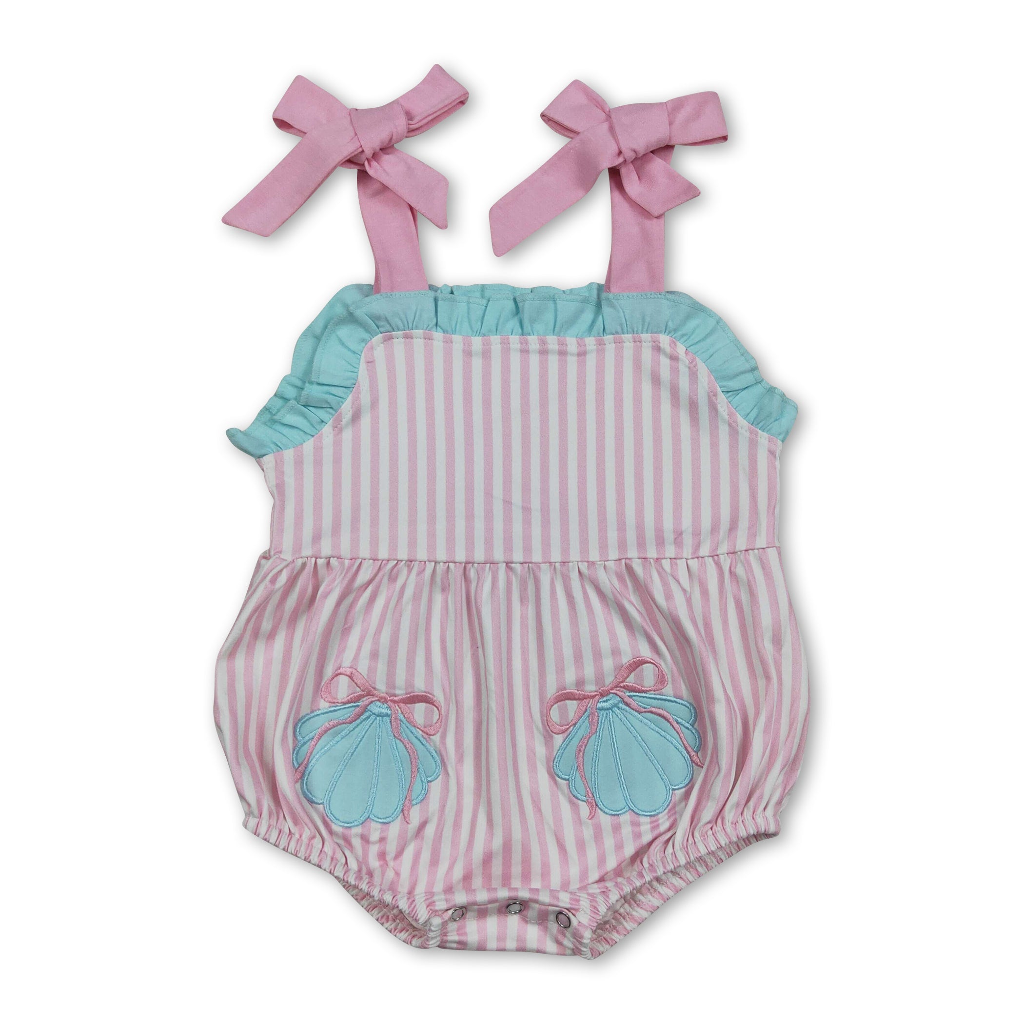 Straps shell bow embroidery stripe baby girl romper