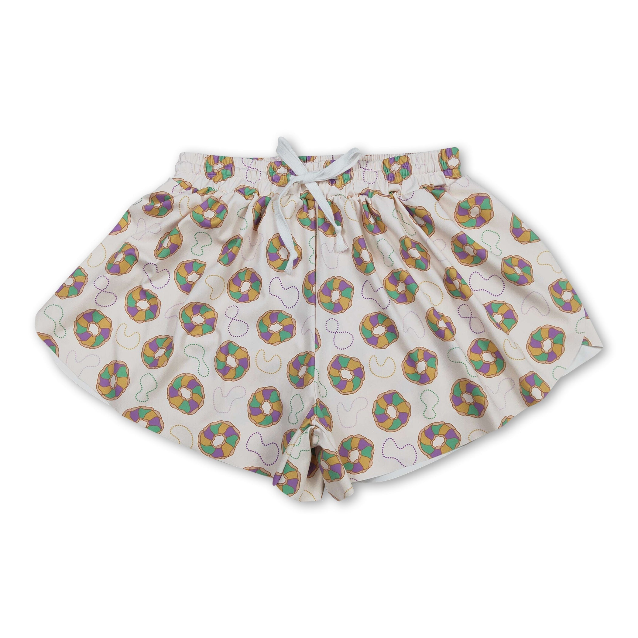 Purple green yellow donut women Mardi Gras active shorts