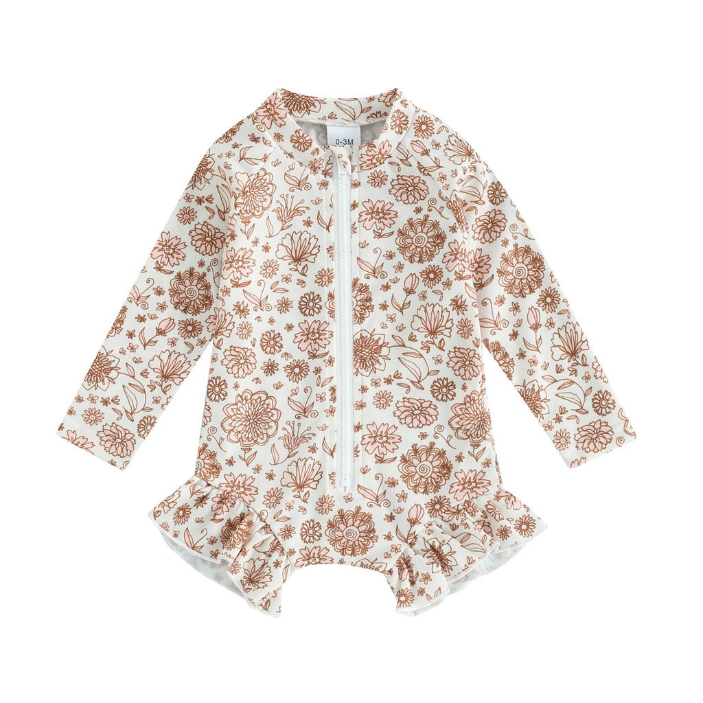 Girls' New Printing Long Sleeve One-piece Swimsuit